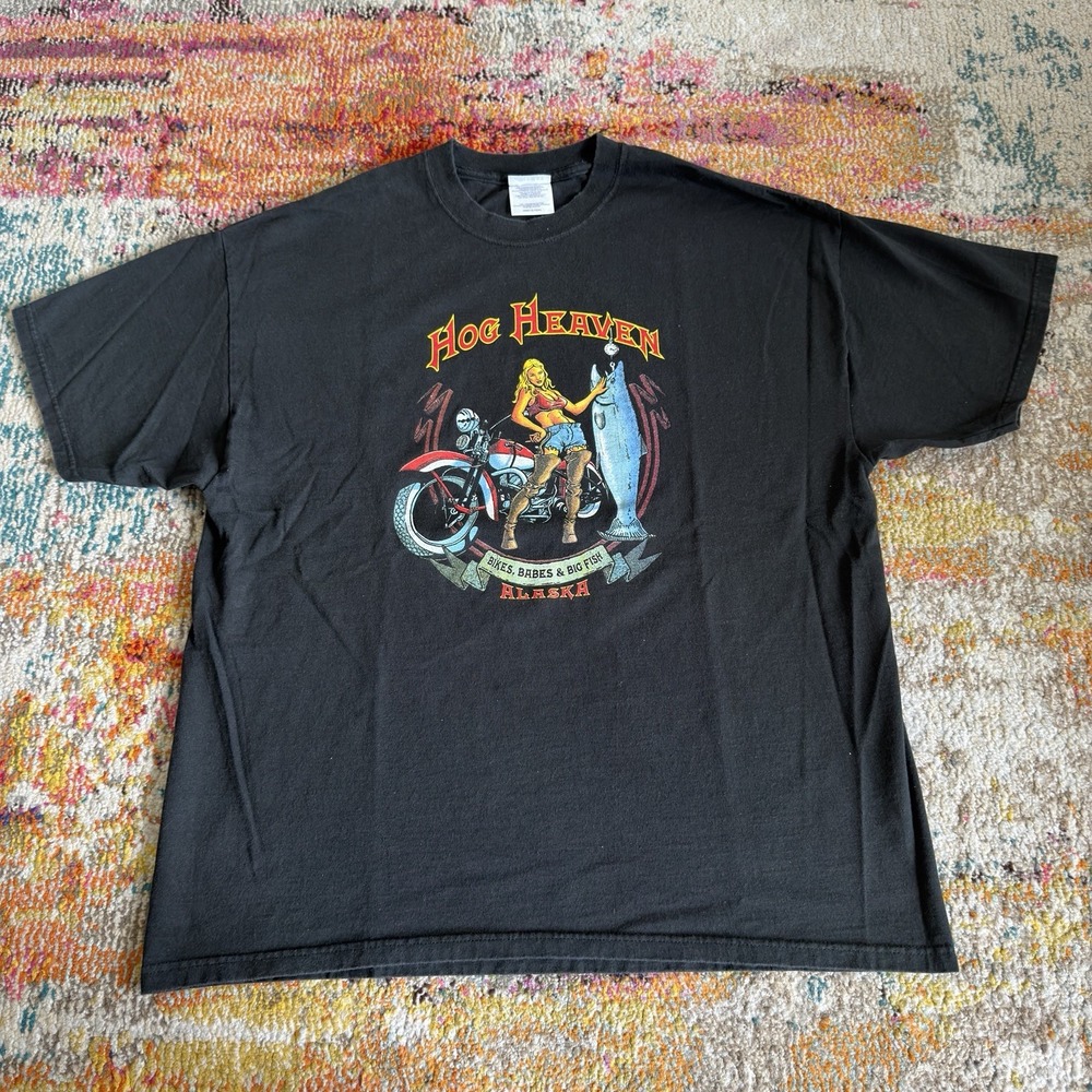Vintage Hog Heaven "Bikes, Babes & Big Fish" T-Shirt XL - Alaska Biker Tee Black